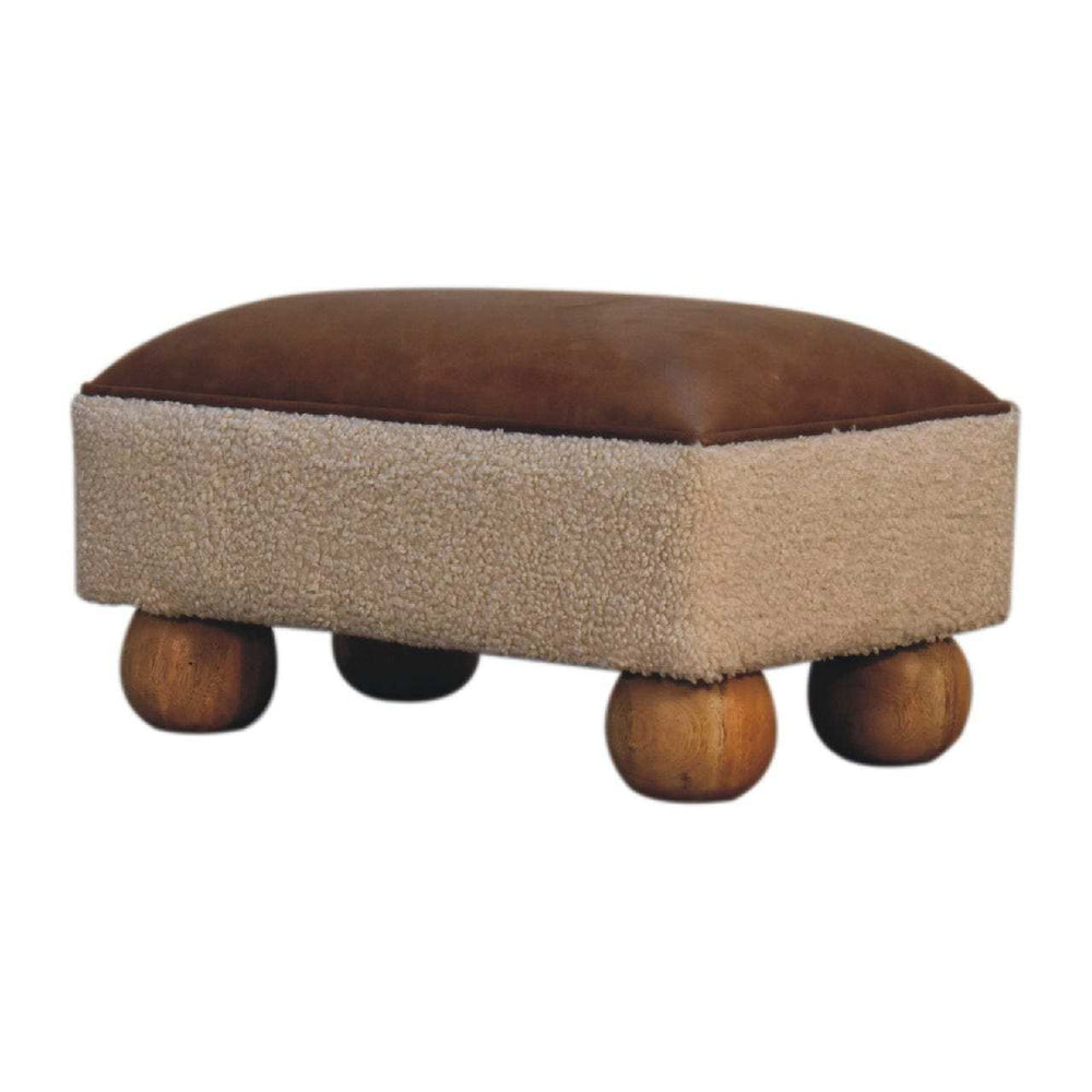 Tan Leather Boucle Ball Footstool - Artisan Furniture - Flyclothing LLC
