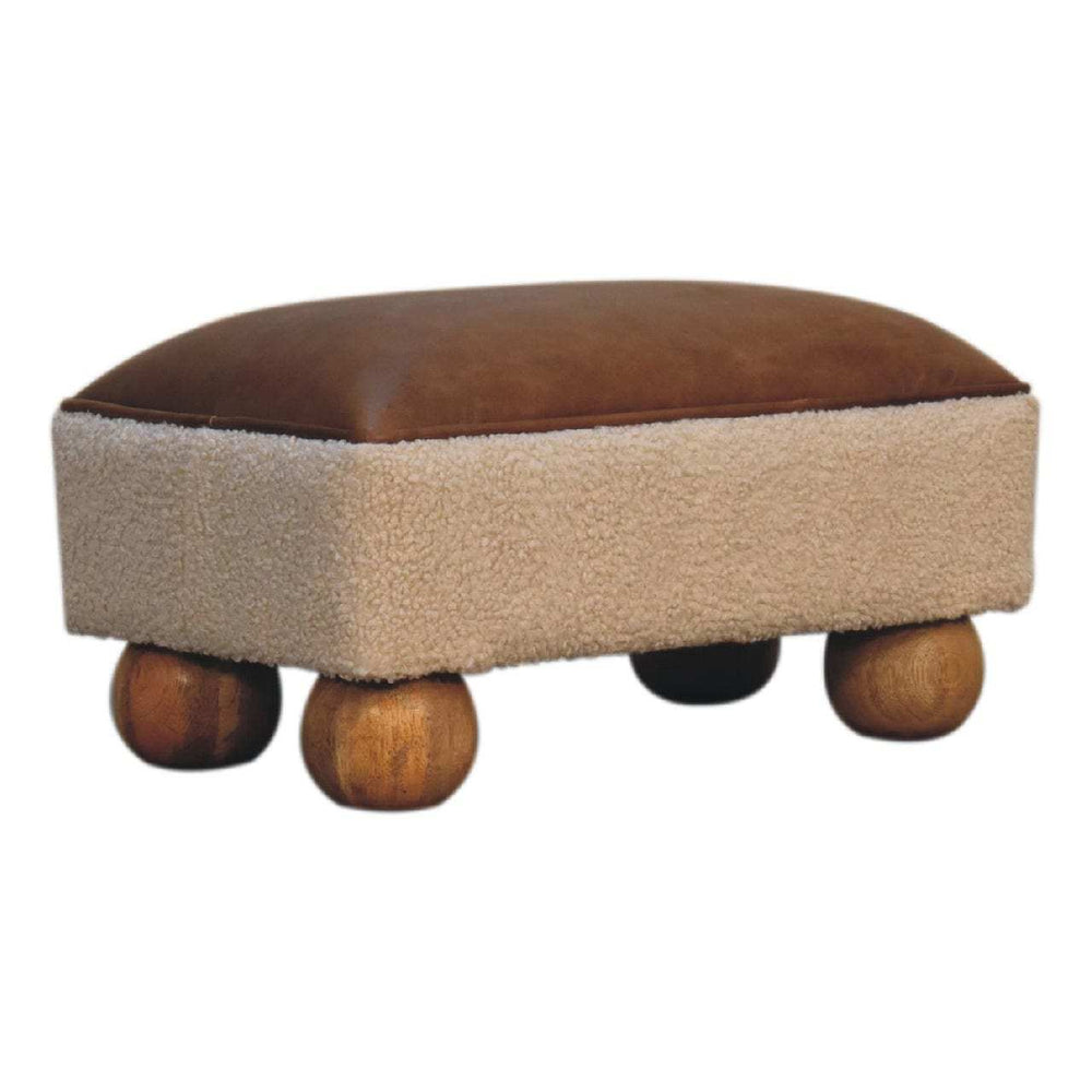 Tan Leather Boucle Ball Footstool - Artisan Furniture - Flyclothing LLC