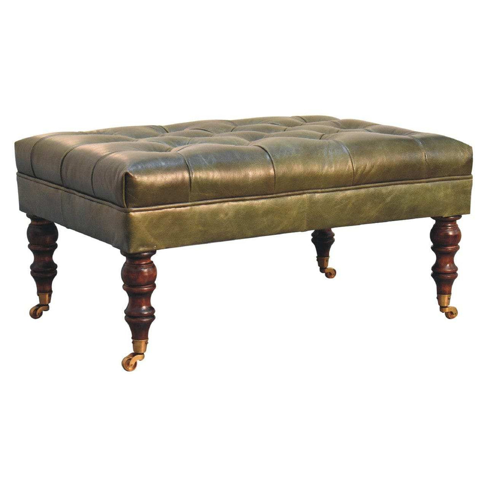 Buffalo Green Leather Ottoman with Castor Legs - Artisan Furniture - Flyclothing LLC