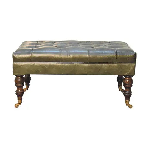 Buffalo Green Leather Ottoman with Castor Legs - Artisan Furniture - Flyclothing LLC