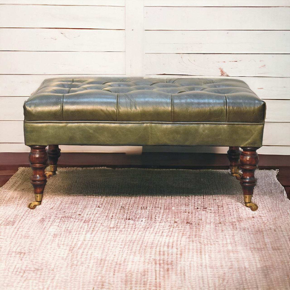 Buffalo Green Leather Ottoman with Castor Legs - Artisan Furniture - Flyclothing LLC