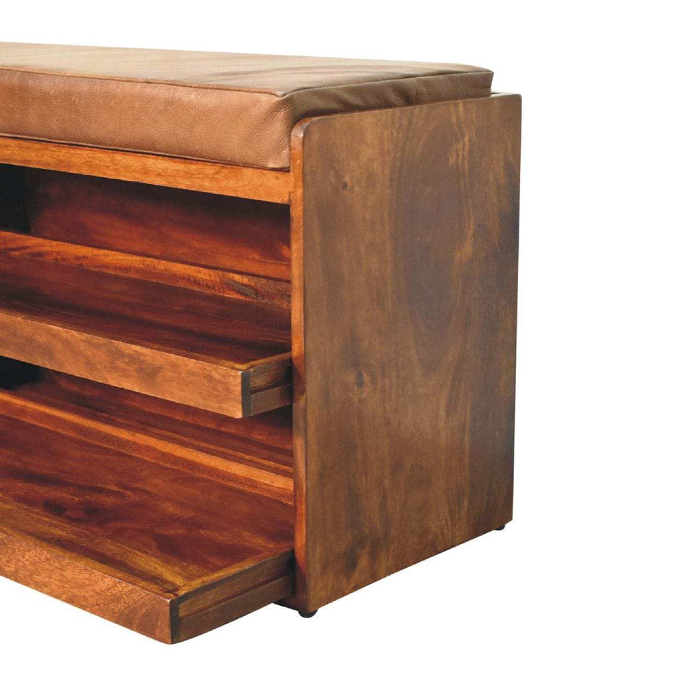 Buffalo Hide Pull out Chestnut Shoe Storage Bench - Artisan Furniture - Flyclothing LLC