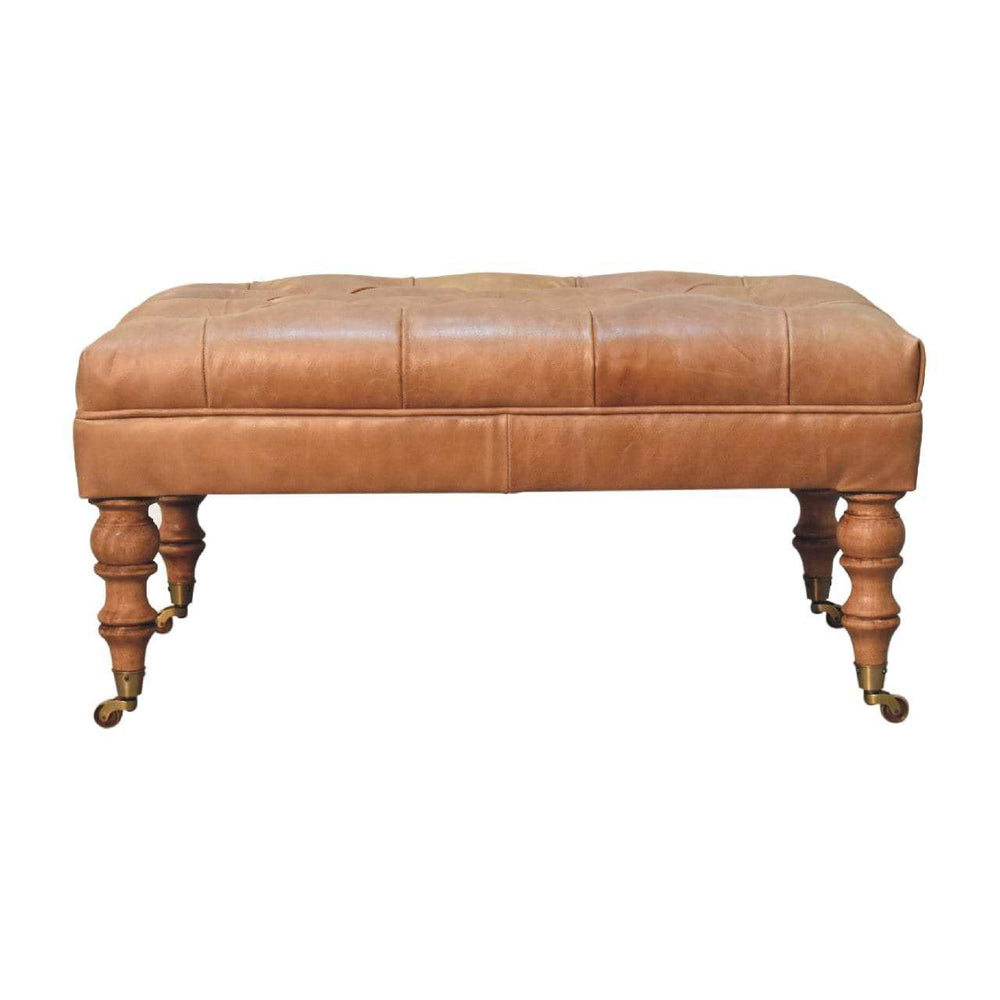 Buffalo Tan Leather Ottoman with Castor Legs - Artisan Furniture - Flyclothing LLC