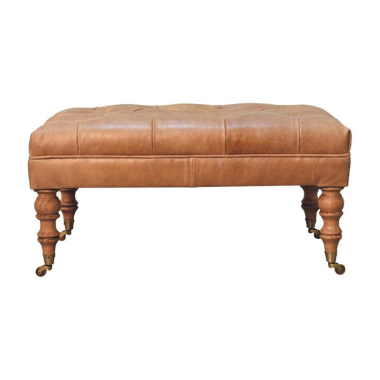 Buffalo Tan Leather Ottoman with Castor Legs - Artisan Furniture - Flyclothing LLC