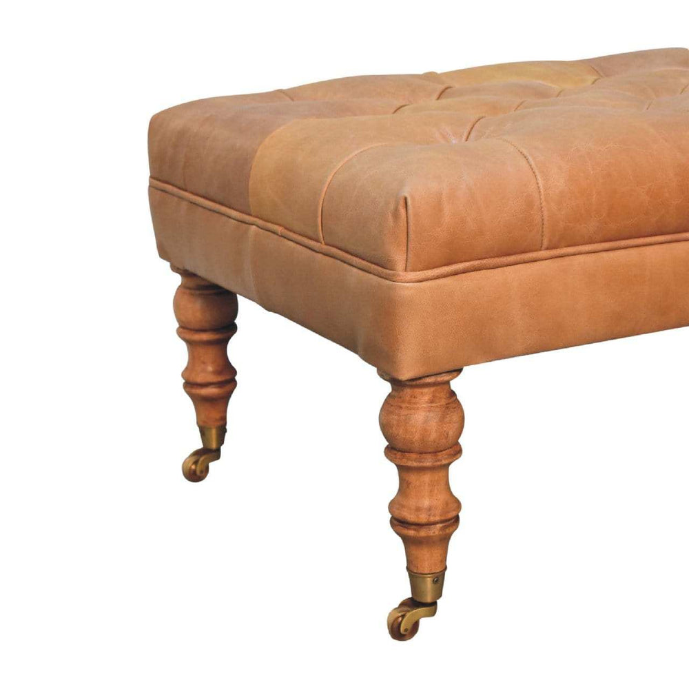 Buffalo Tan Leather Ottoman with Castor Legs - Artisan Furniture - Flyclothing LLC