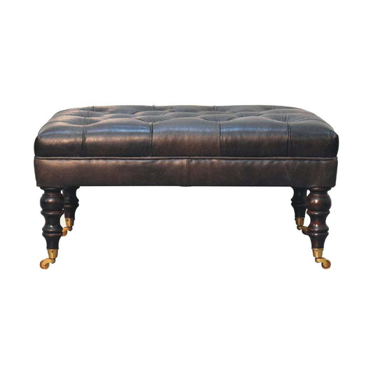 Buffalo Ash Black Leather Ottoman with Castor Legs - Artisan Furniture - Flyclothing LLC