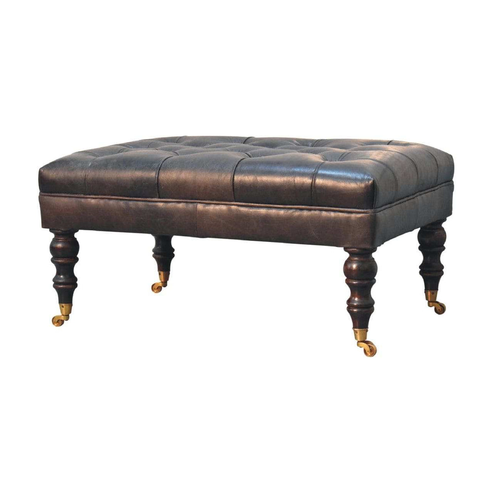 Buffalo Ash Black Leather Ottoman with Castor Legs - Artisan Furniture - Flyclothing LLC