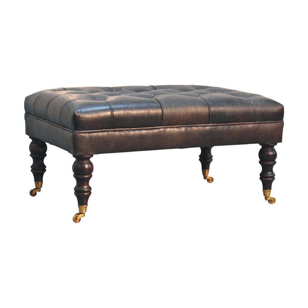 Buffalo Ash Black Leather Ottoman with Castor Legs - Artisan Furniture - Flyclothing LLC