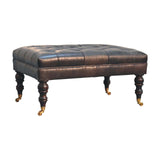 Buffalo Ash Black Leather Ottoman with Castor Legs - Artisan Furniture - Flyclothing LLC