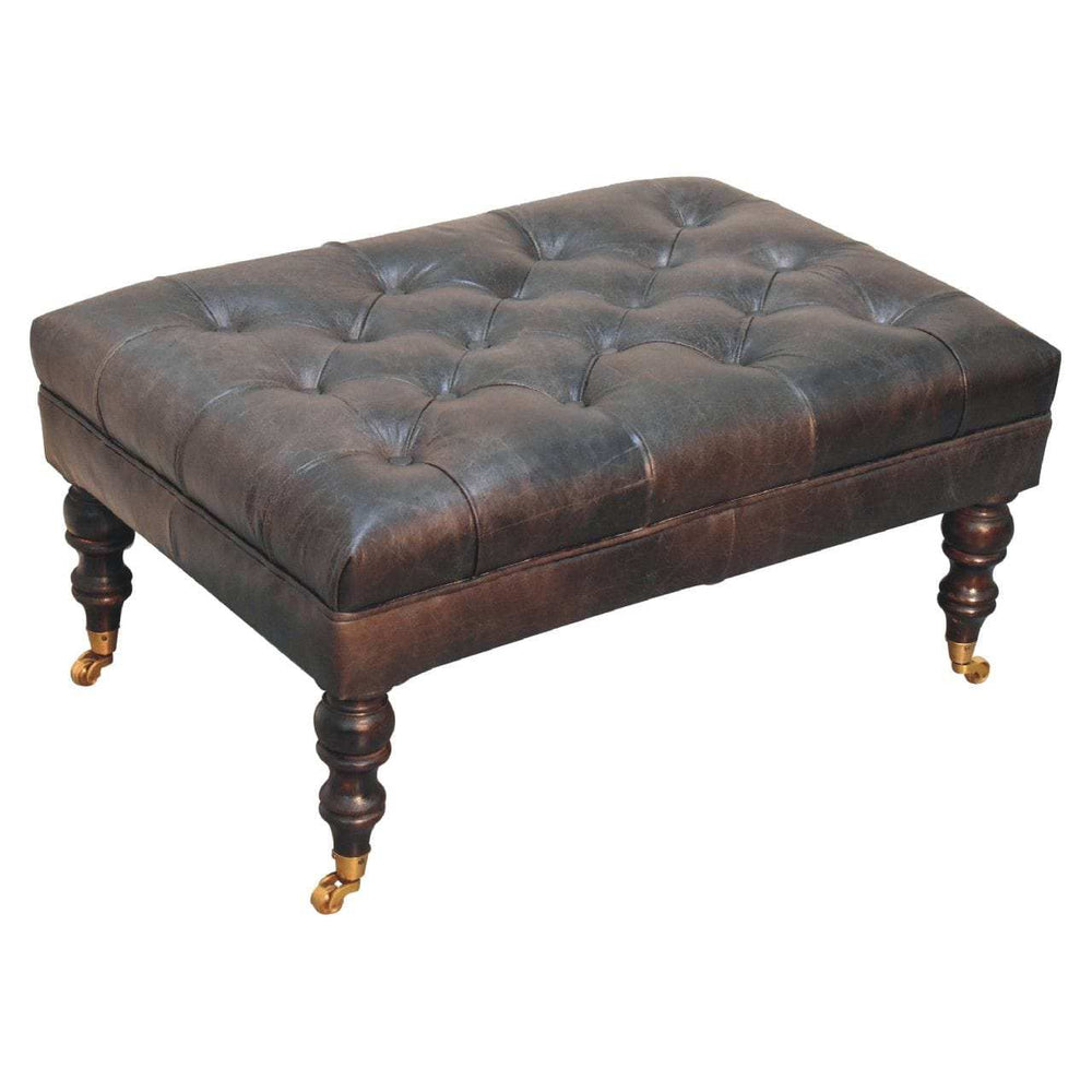 Buffalo Ash Black Leather Ottoman with Castor Legs - Artisan Furniture - Flyclothing LLC