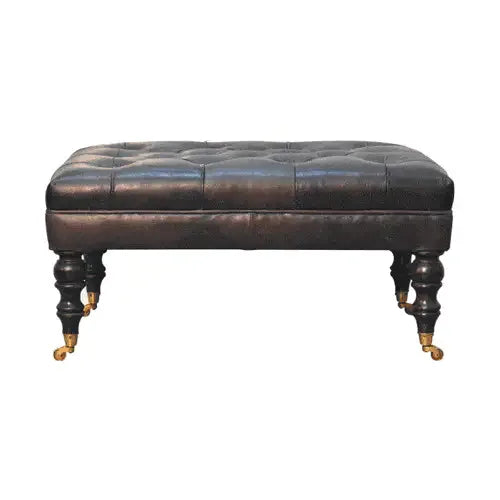 Buffalo Ash Black Leather Ottoman with Castor Legs - Artisan Furniture - Flyclothing LLC