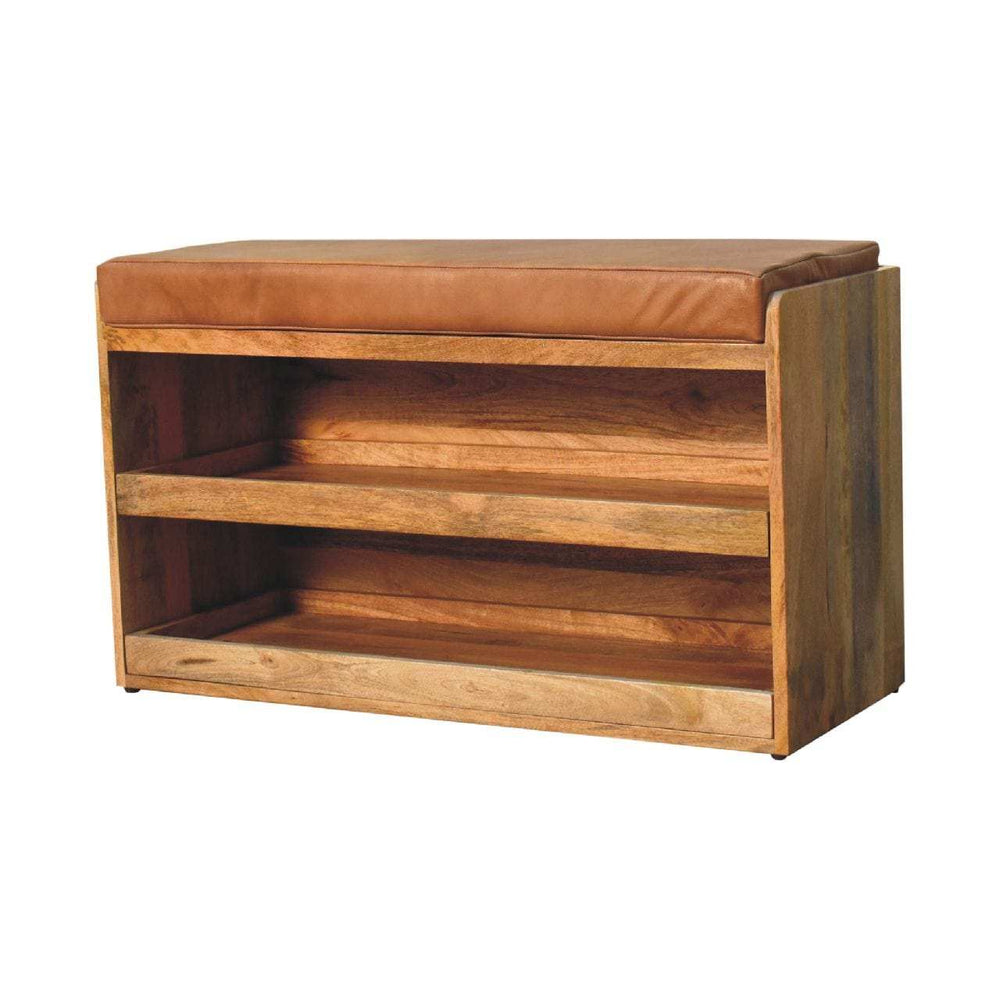 Buffalo Hide Pull out Oak-ish Shoe Storage Bench - Artisan Furniture - Flyclothing LLC