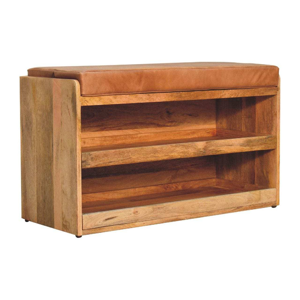 Buffalo Hide Pull out Oak-ish Shoe Storage Bench - Artisan Furniture - Flyclothing LLC
