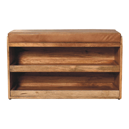 Buffalo Hide Pull out Oak-ish Shoe Storage Bench - Artisan Furniture - Flyclothing LLC