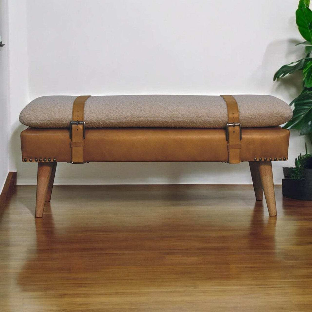 Artisan Boucl Buffalo Hide Tan Leather Bench - Artisan Furniture - Flyclothing LLC