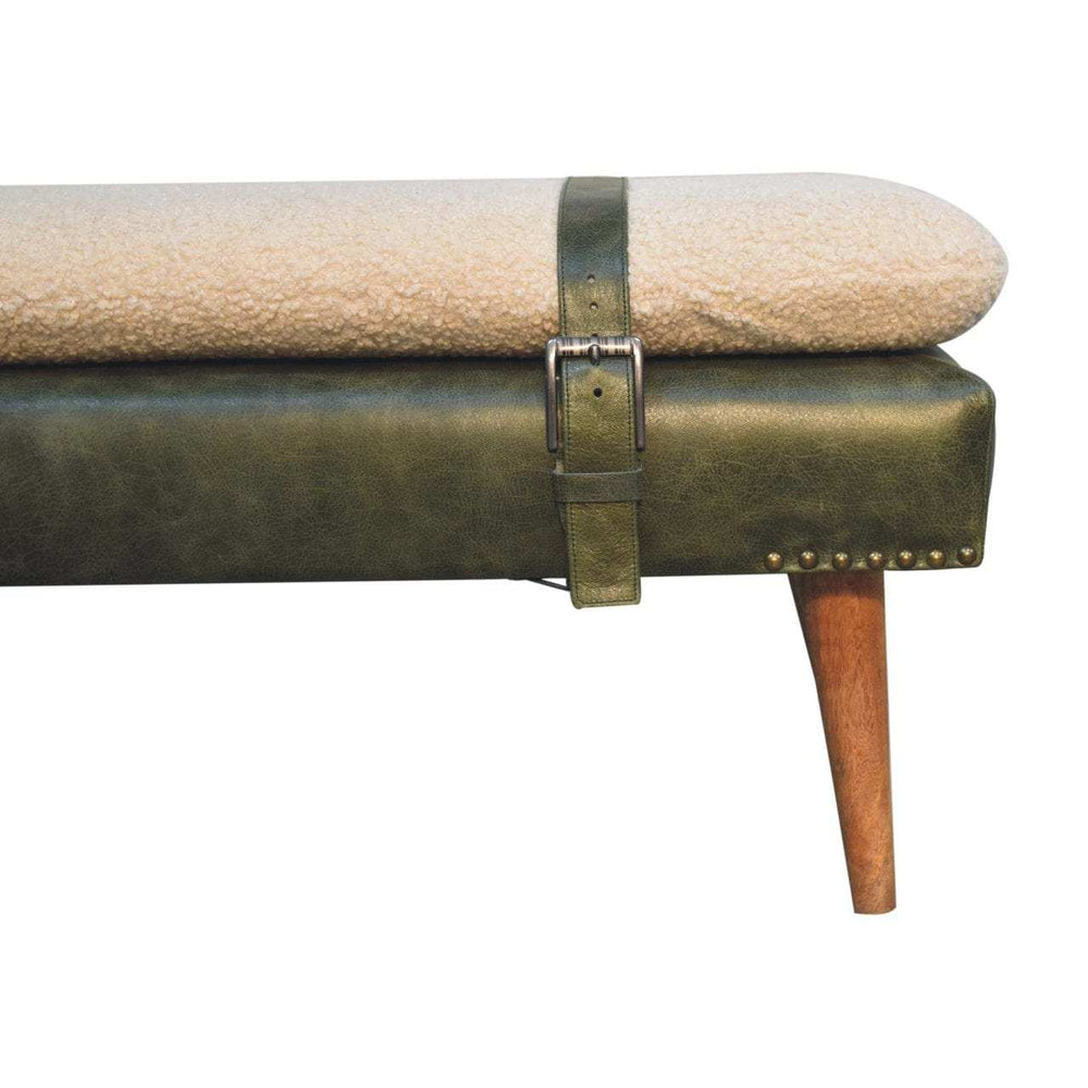 Artisan Boucl Buffalo Hide Olive Green Leather Bench - Artisan Furniture - Flyclothing LLC