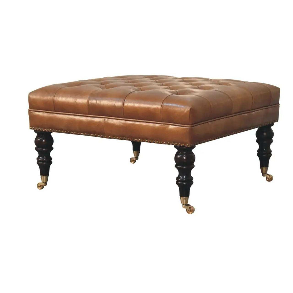 Studded Buffalo Tan Leather Ottoman with Castor Legs - Artisan Furniture - Flyclothing LLC