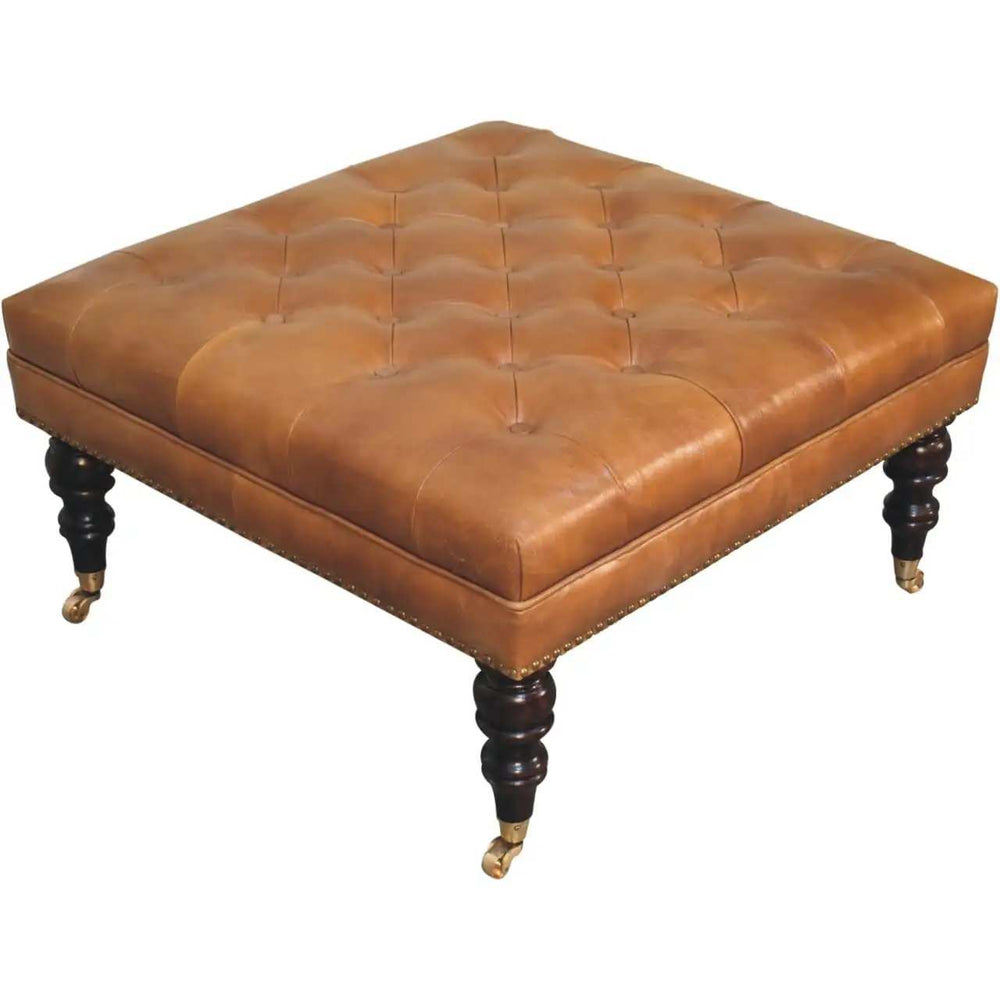 Studded Buffalo Tan Leather Ottoman with Castor Legs - Artisan Furniture - Flyclothing LLC
