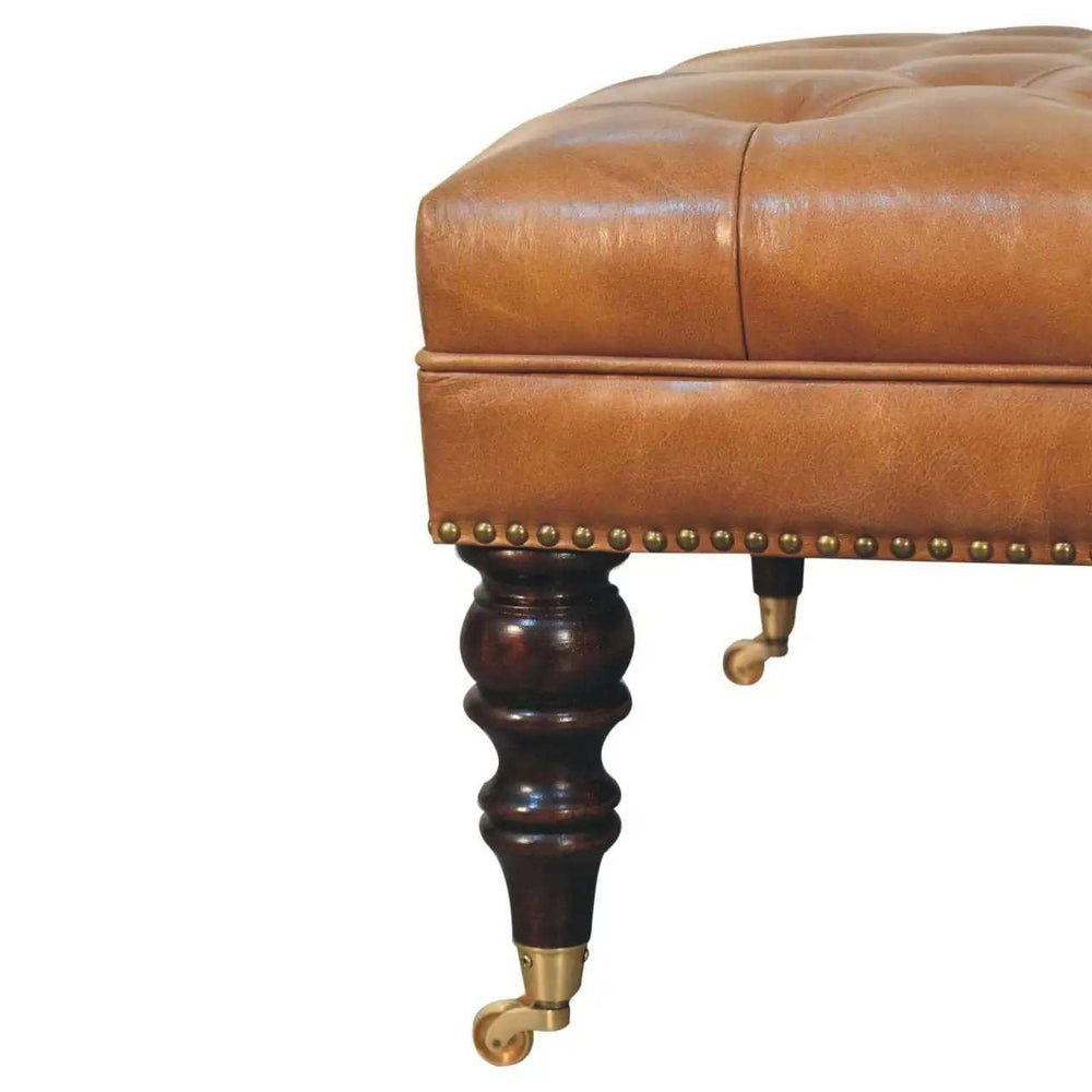 Studded Buffalo Tan Leather Ottoman with Castor Legs - Artisan Furniture - Flyclothing LLC