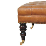 Studded Buffalo Tan Leather Ottoman with Castor Legs - Artisan Furniture - Flyclothing LLC