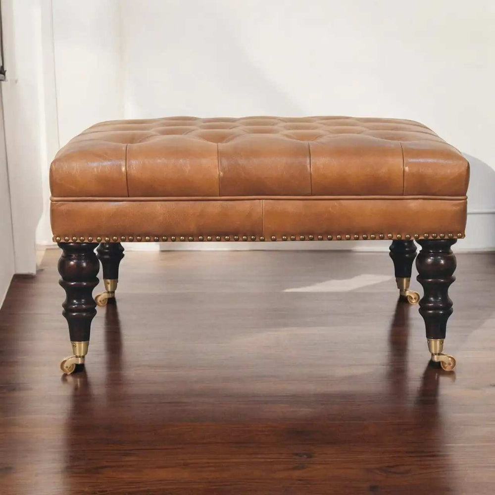 Studded Buffalo Tan Leather Ottoman with Castor Legs - Artisan Furniture - Flyclothing LLC
