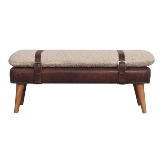 Boucle x Brown Leather Bench - Artisan Furniture - Flyclothing LLC