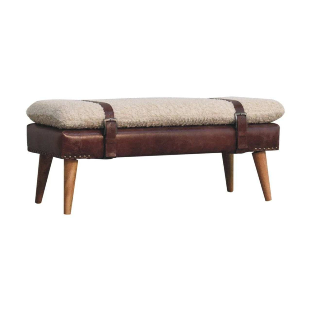 Boucle x Brown Leather Bench - Artisan Furniture - Flyclothing LLC
