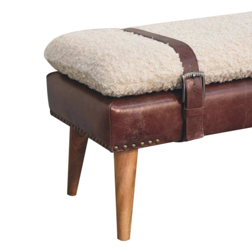 Boucle x Brown Leather Bench - Artisan Furniture - Flyclothing LLC