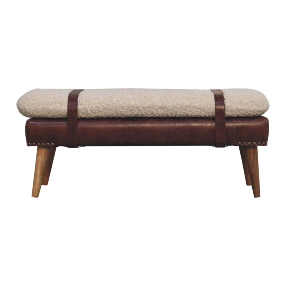Boucle x Brown Leather Bench - Artisan Furniture - Flyclothing LLC