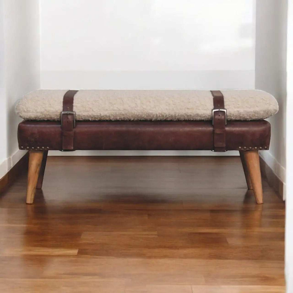 Boucle x Brown Leather Bench - Artisan Furniture - Flyclothing LLC