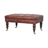 Buffalo Brown Leather Ottoman with Castor Legs - Artisan Furniture - Flyclothing LLC