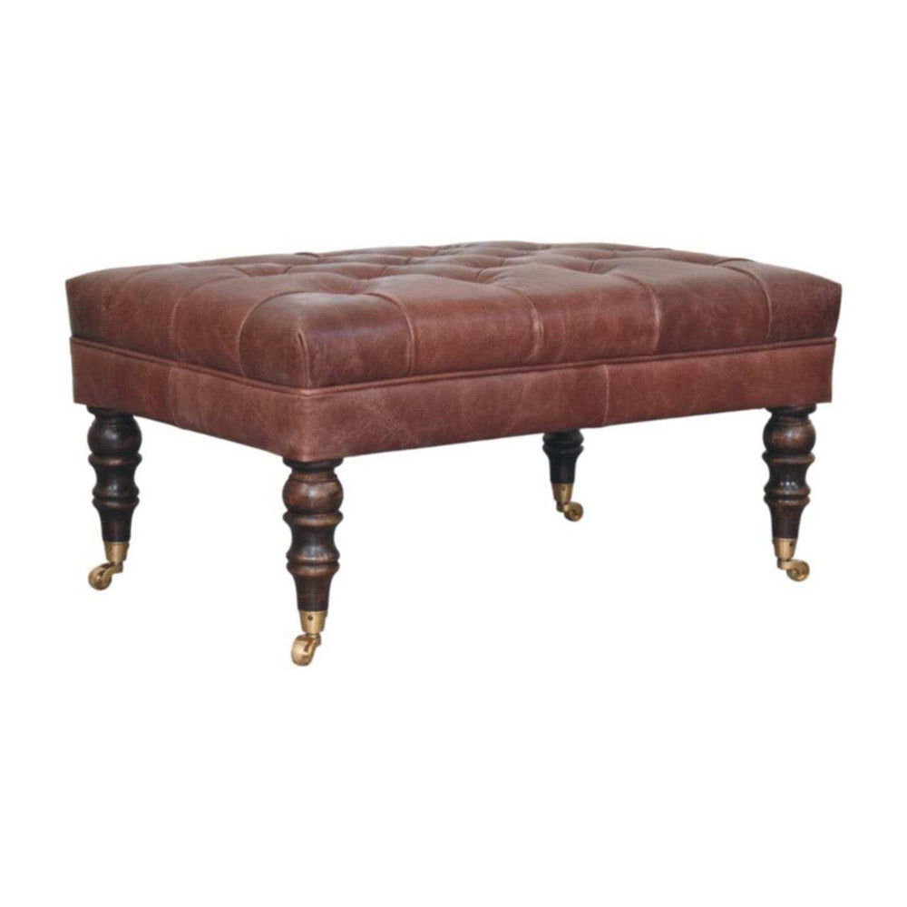 Buffalo Brown Leather Ottoman with Castor Legs - Artisan Furniture - Flyclothing LLC