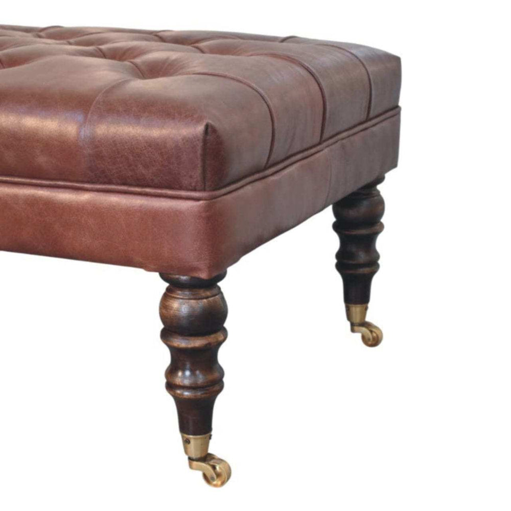 Buffalo Brown Leather Ottoman with Castor Legs - Artisan Furniture - Flyclothing LLC