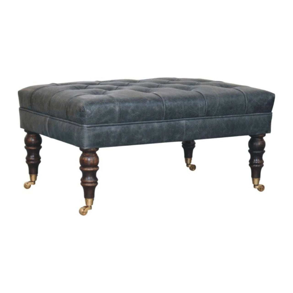 Buffalo Teal Leather Ottoman with Castor Legs - Artisan Furniture - Flyclothing LLC