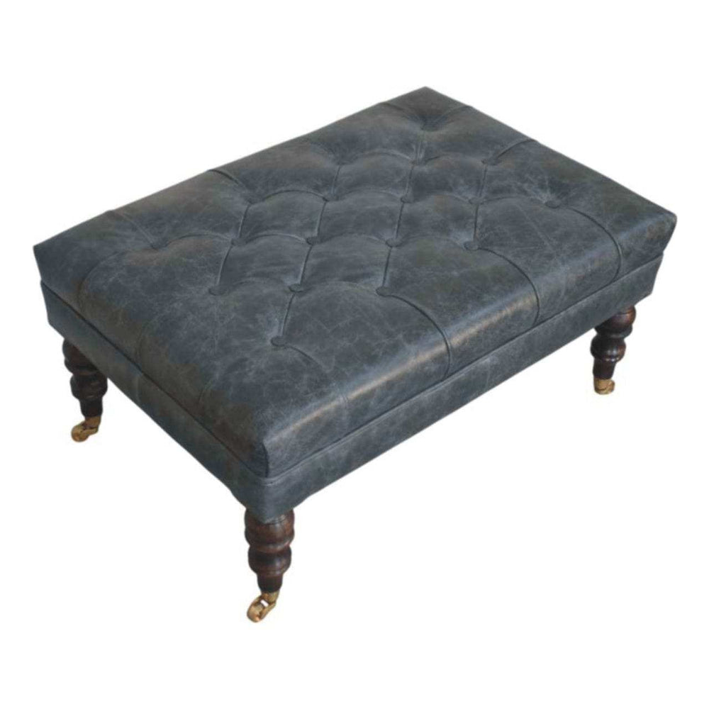 Buffalo Teal Leather Ottoman with Castor Legs - Artisan Furniture - Flyclothing LLC