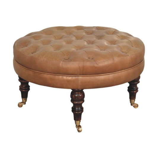 Brown Buffalo Leather Round Ottoman with Castor Legs - Artisan Furniture - Flyclothing LLC