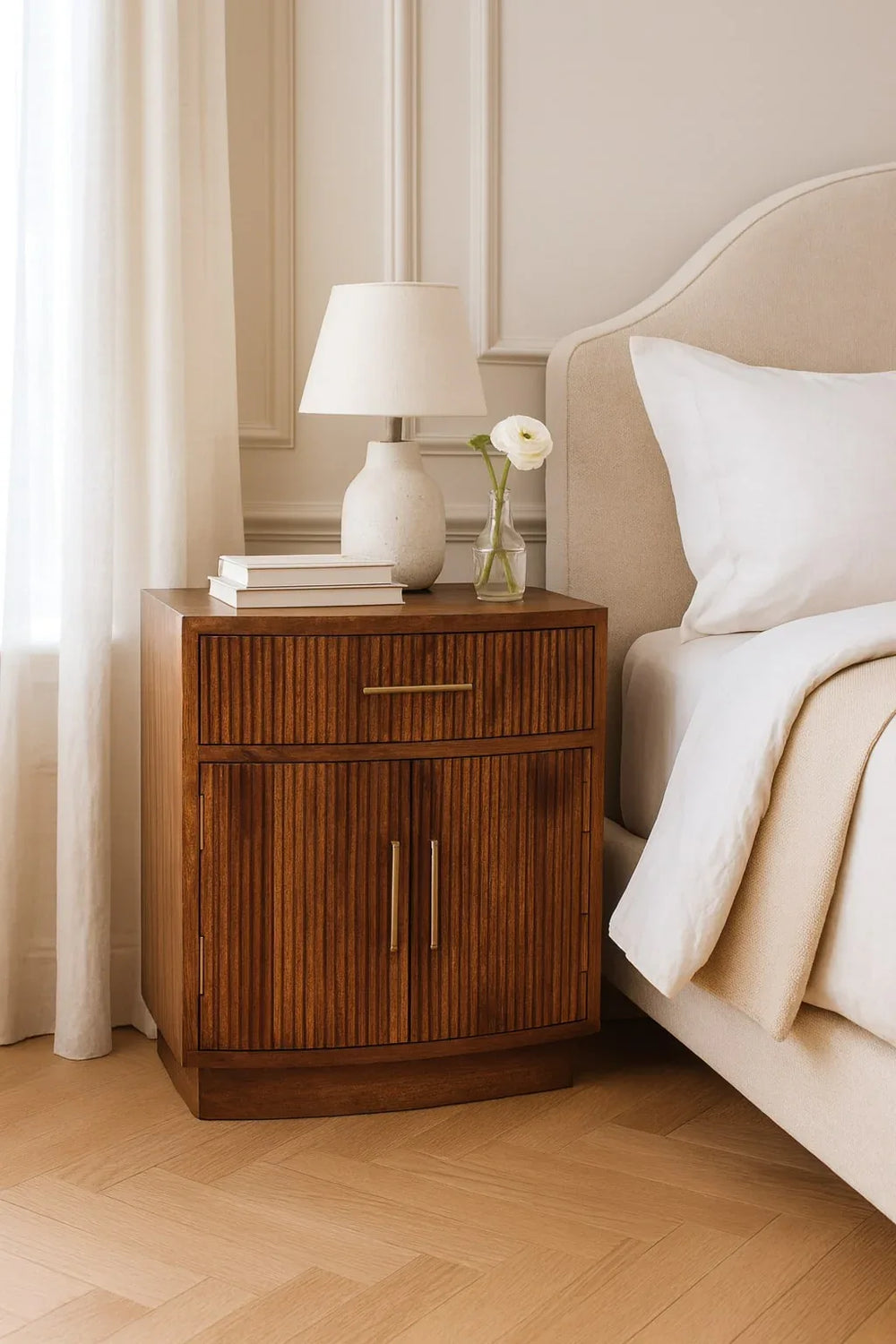 Solid Wood Curved Ribbed Bedside with Drawer - Artisan Furniture - Flyclothing LLC