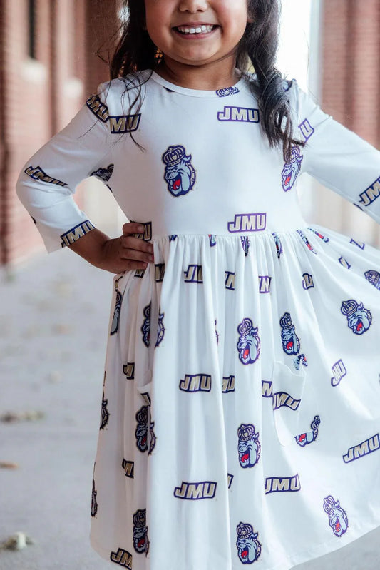 JMU White Duke Dog 3/4 Sleeve Pocket Twirl Dress - Mila & Rose ® - Flyclothing LLC