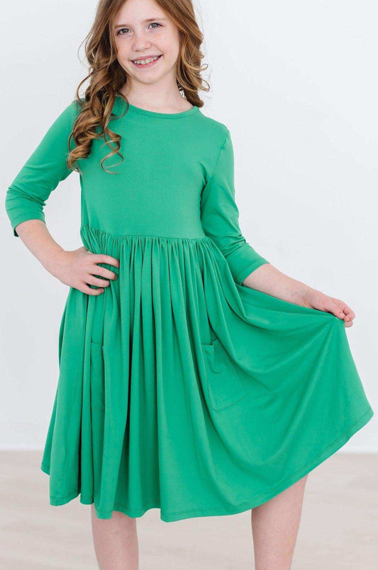 Kelly Green 3/4 Sleeve Pocket Twirl Dress - Mila & Rose ® - Flyclothing LLC