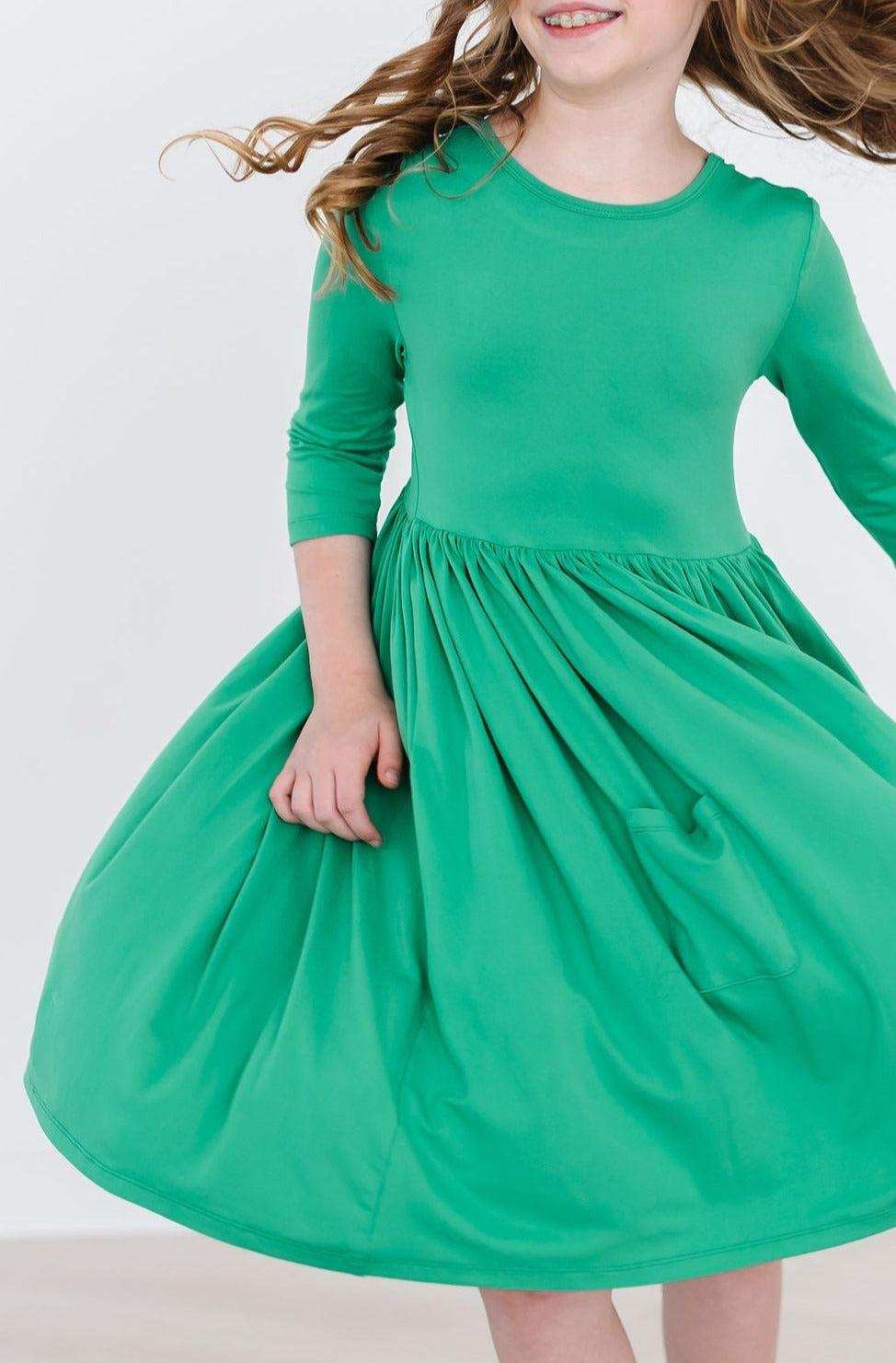 Kelly Green 3/4 Sleeve Pocket Twirl Dress - Mila & Rose ® - Flyclothing LLC