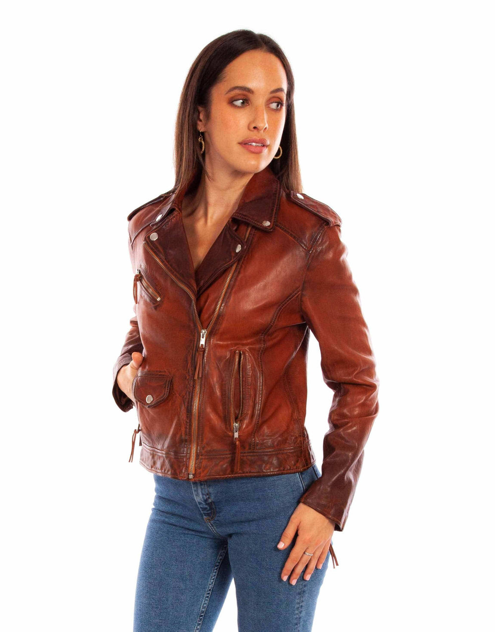 Scully 100% Leather Vintage Brown Ladies Mc Jacket L1105 - Scully Leather - Flyclothing LLC
