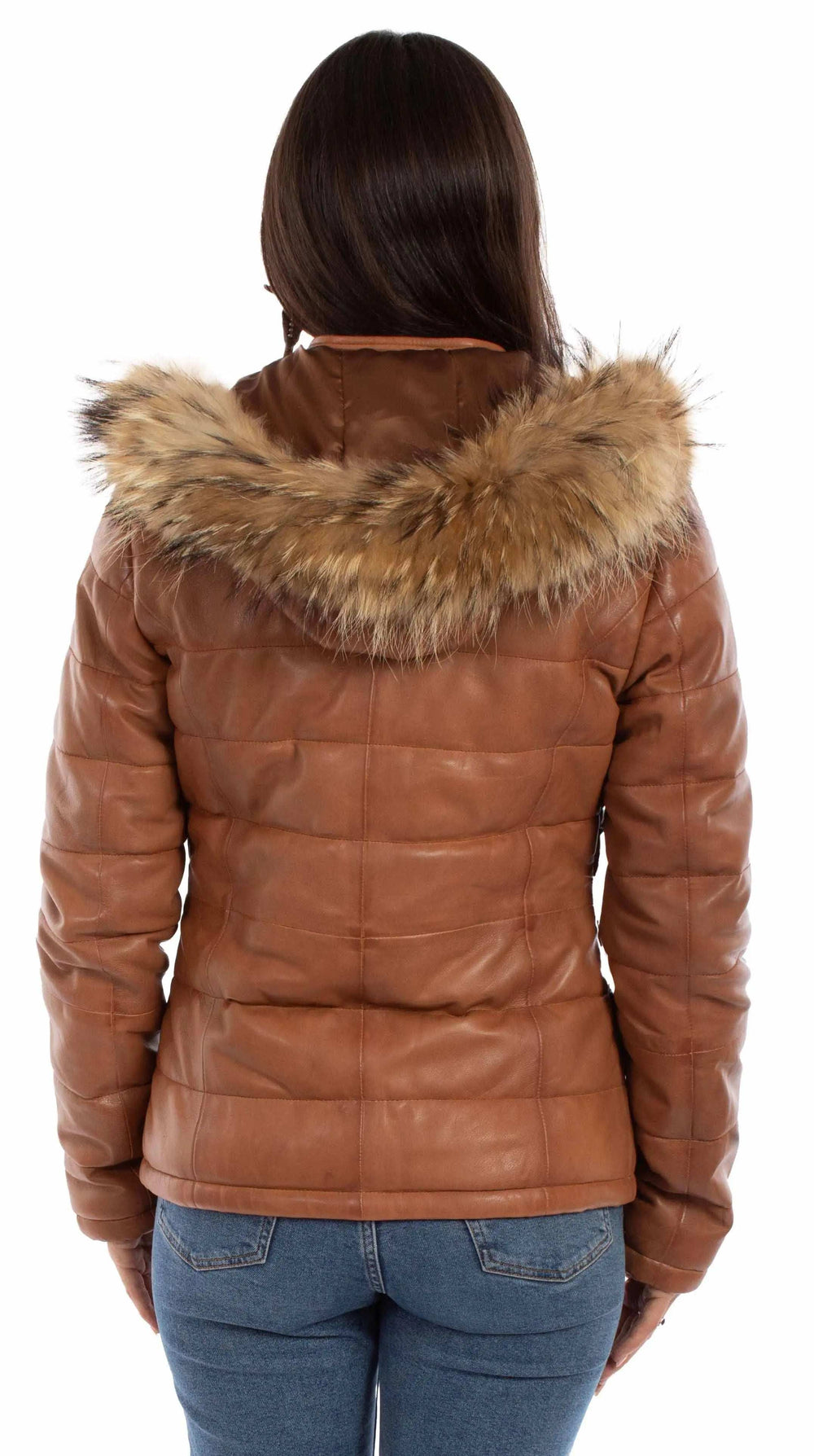 leatherwear womens cognac 90% leather 10% polyester ladies leather puffy jacket - Scully Leather - Flyclothing LLC