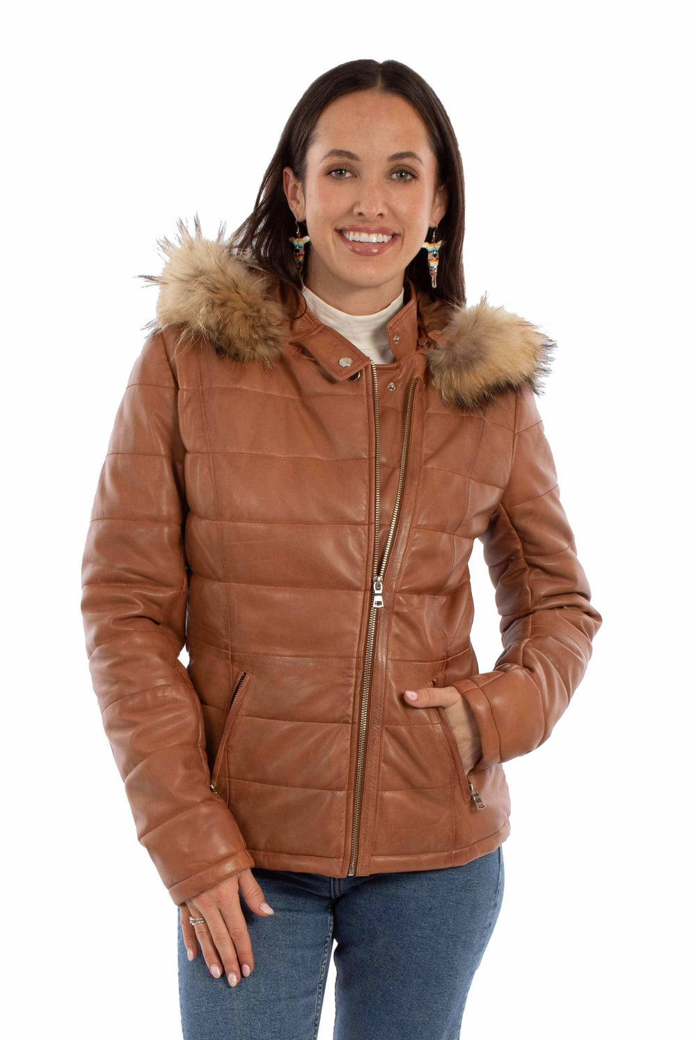 leatherwear womens cognac 90% leather 10% polyester ladies leather puffy jacket - Scully Leather - Flyclothing LLC