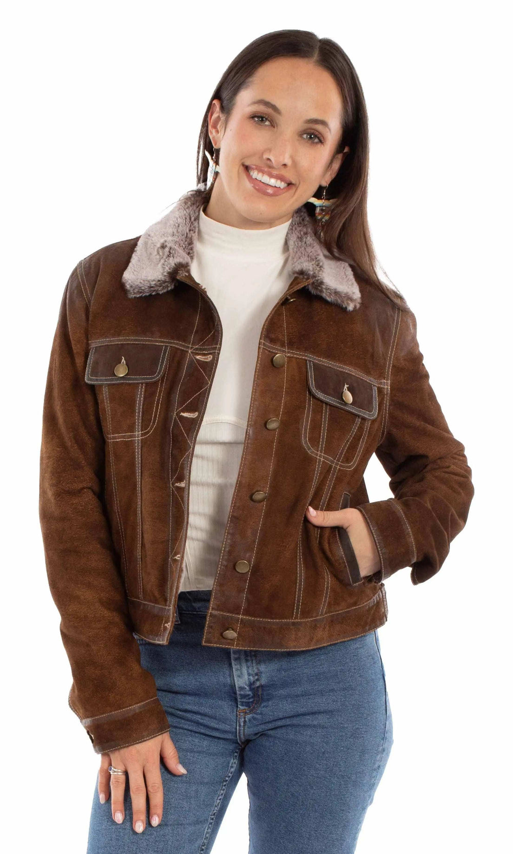 Leatherwear womens 100% leather Brown Ladies jean jacket - Scully Leather - Flyclothing LLC