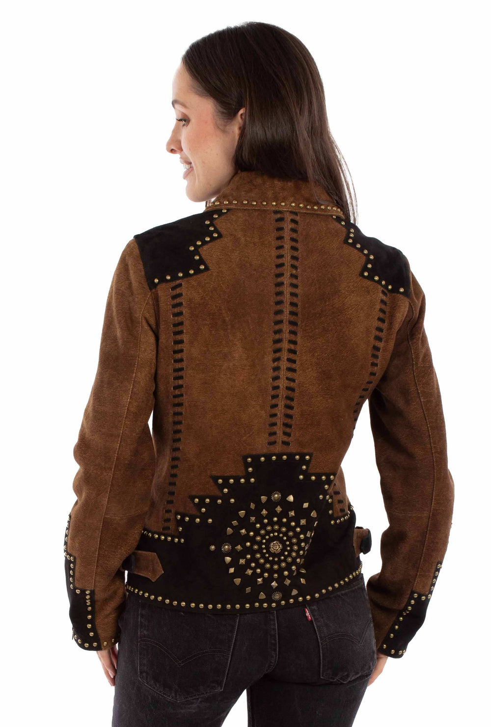 leatherwear womens brown lamb suede 100% leather ladies studded jacket - Scully Leather - Flyclothing LLC