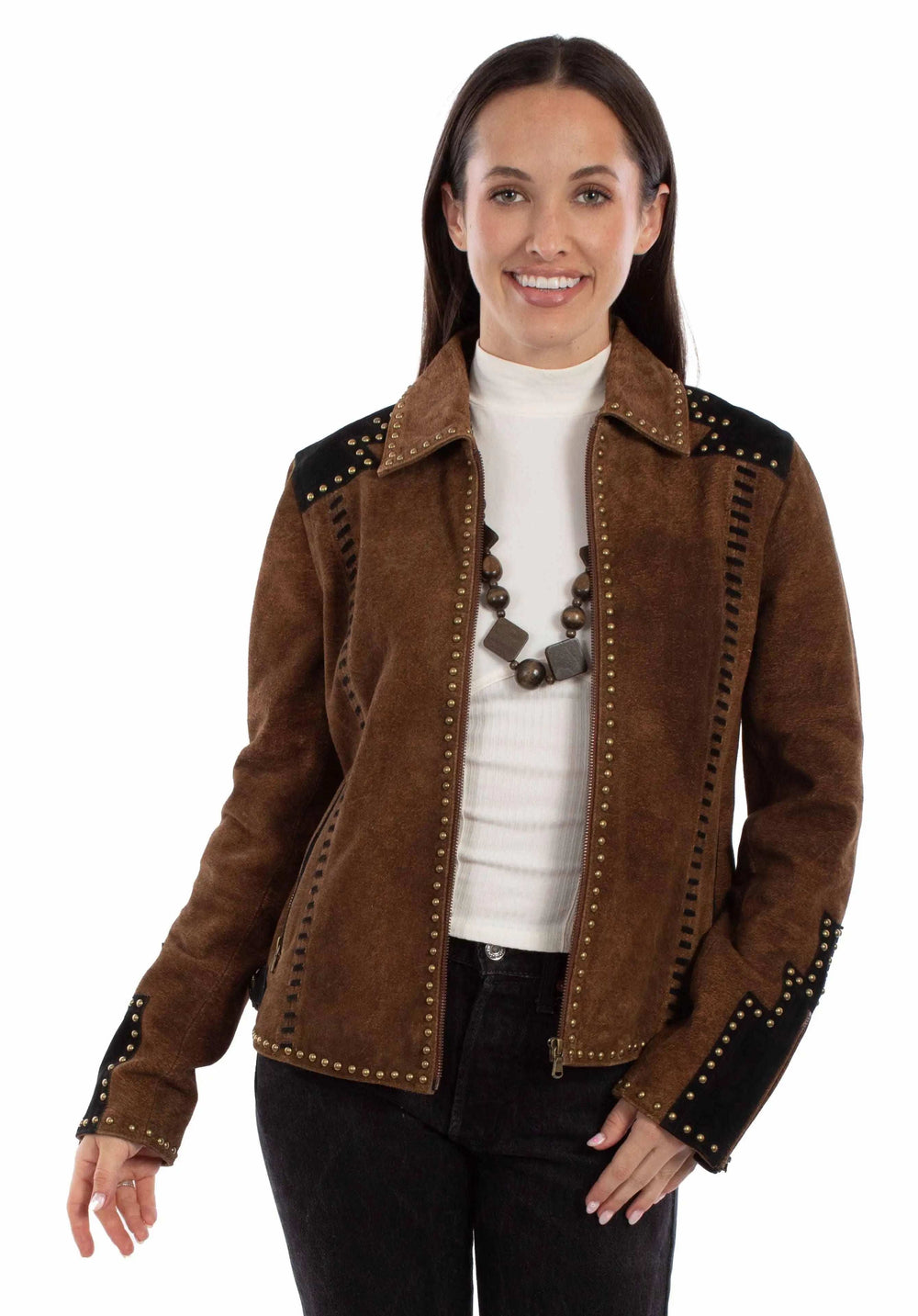 leatherwear womens brown lamb suede 100% leather ladies studded jacket - Scully Leather - Flyclothing LLC