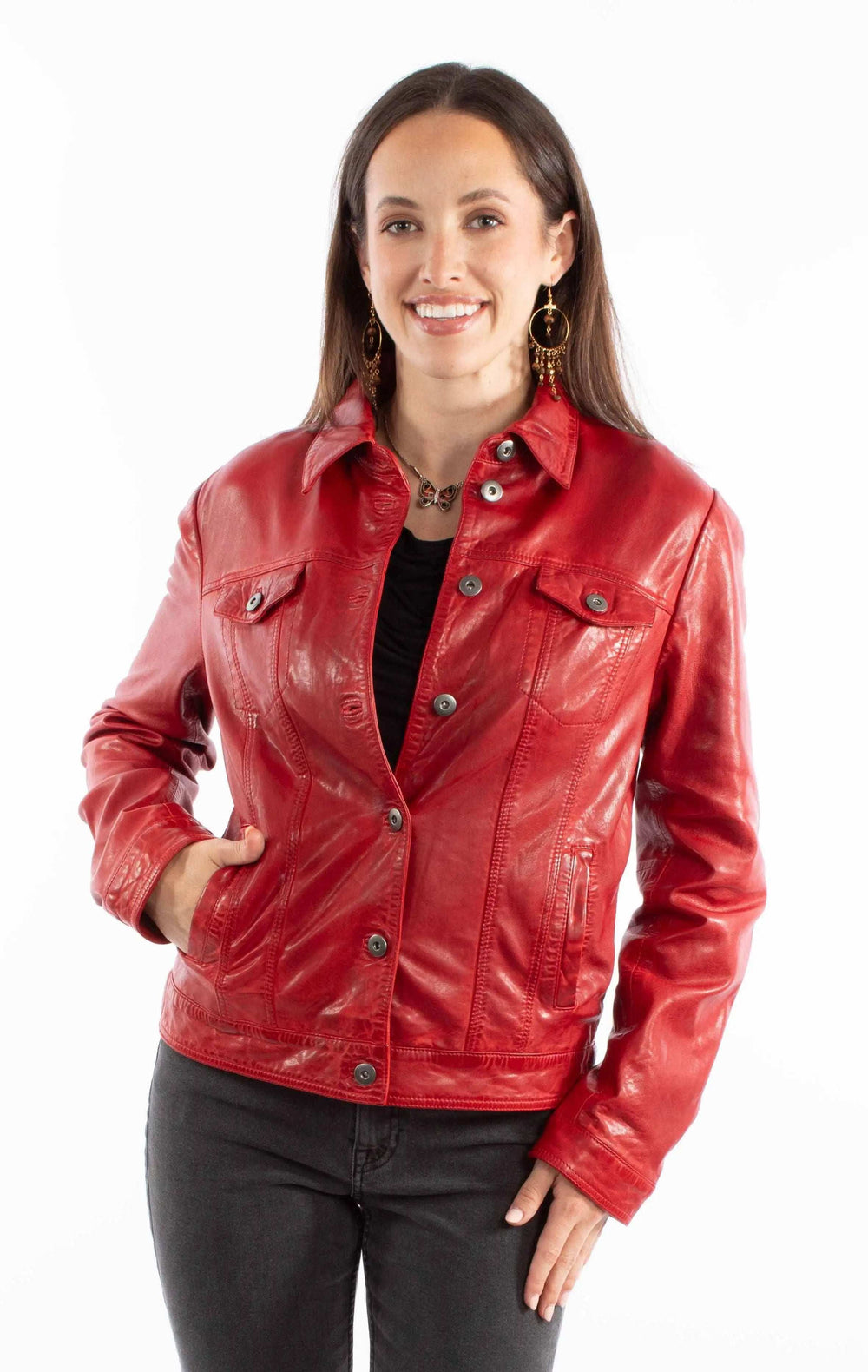 leatherwear womens vintage red 100% leather ladies jean jacket - Scully Leather - Flyclothing LLC