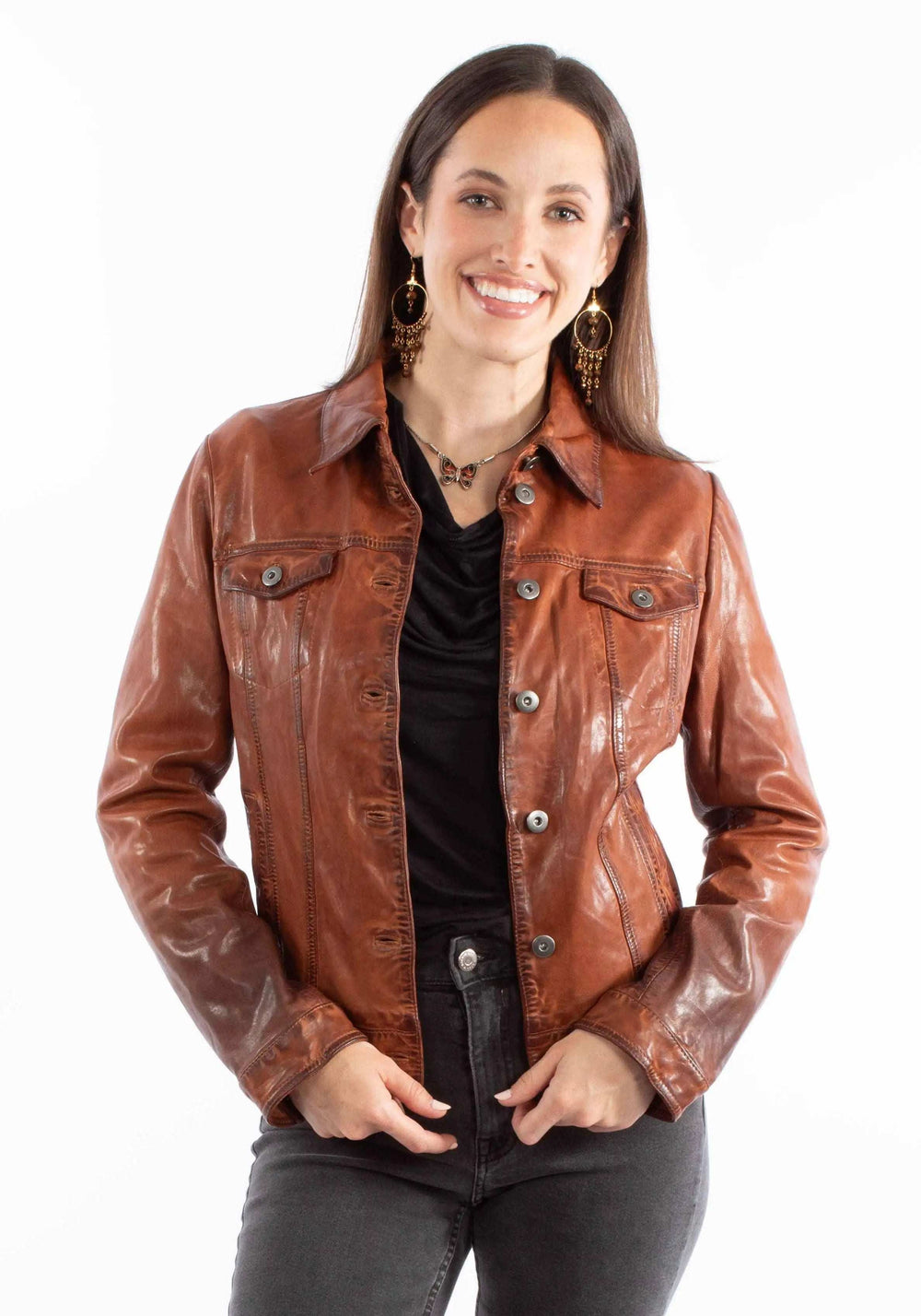 Leatherwear womens 100% leather Vintage brown Ladies jean jacket - Scully Leather - Flyclothing LLC