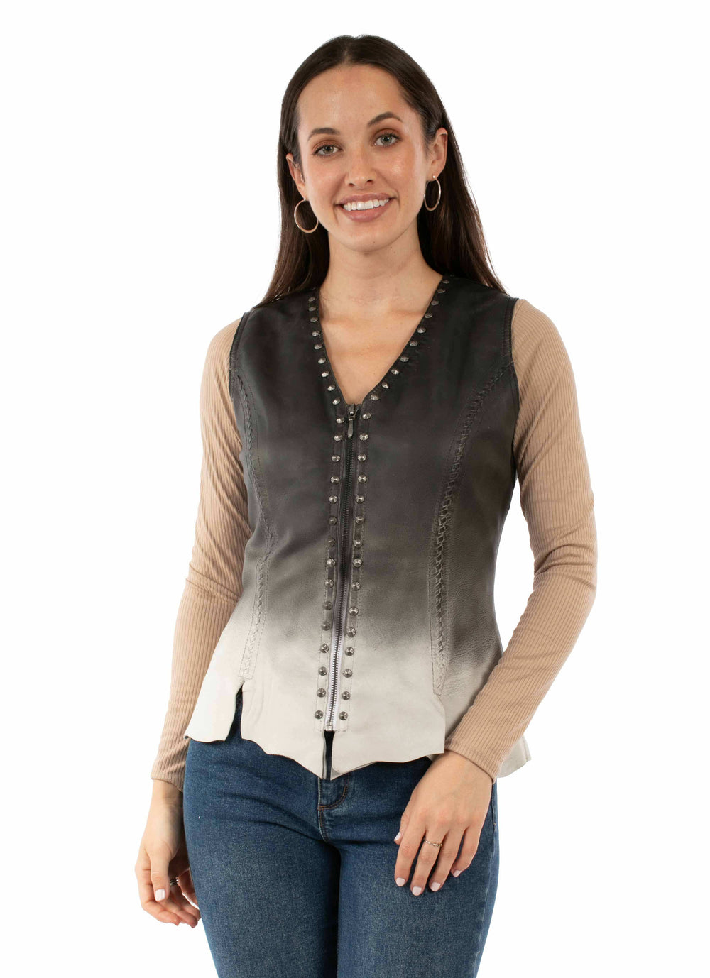 Scully Leather 100% Leather Ombre Vintage Black Ladies Studded Vest - Scully Leather - Flyclothing LLC