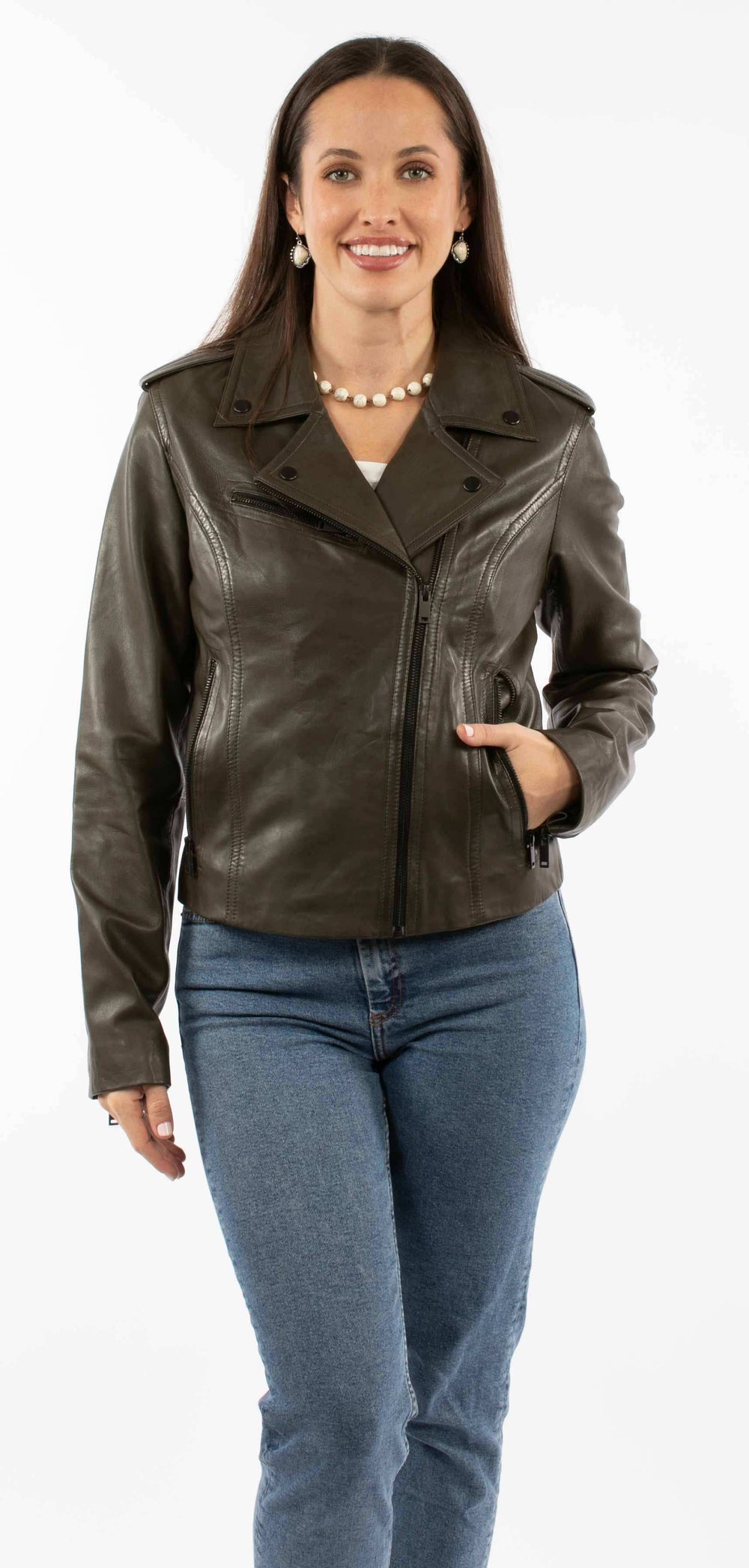 leatherwear womens olive 100% leather ladies mc jacket - Scully Leather - Flyclothing LLC